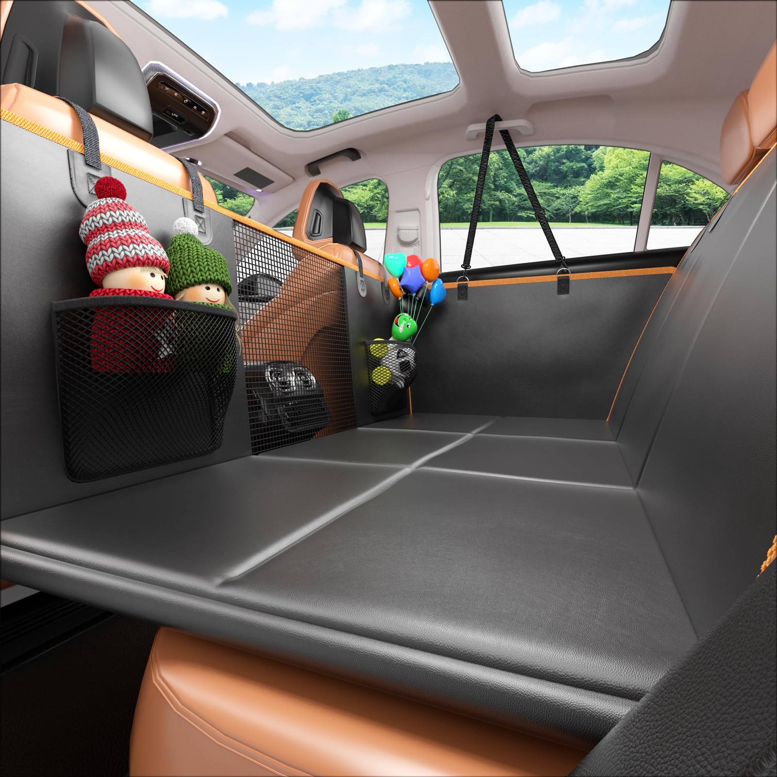 Gusil back-seat-extender hammock secures dogs on road trips.