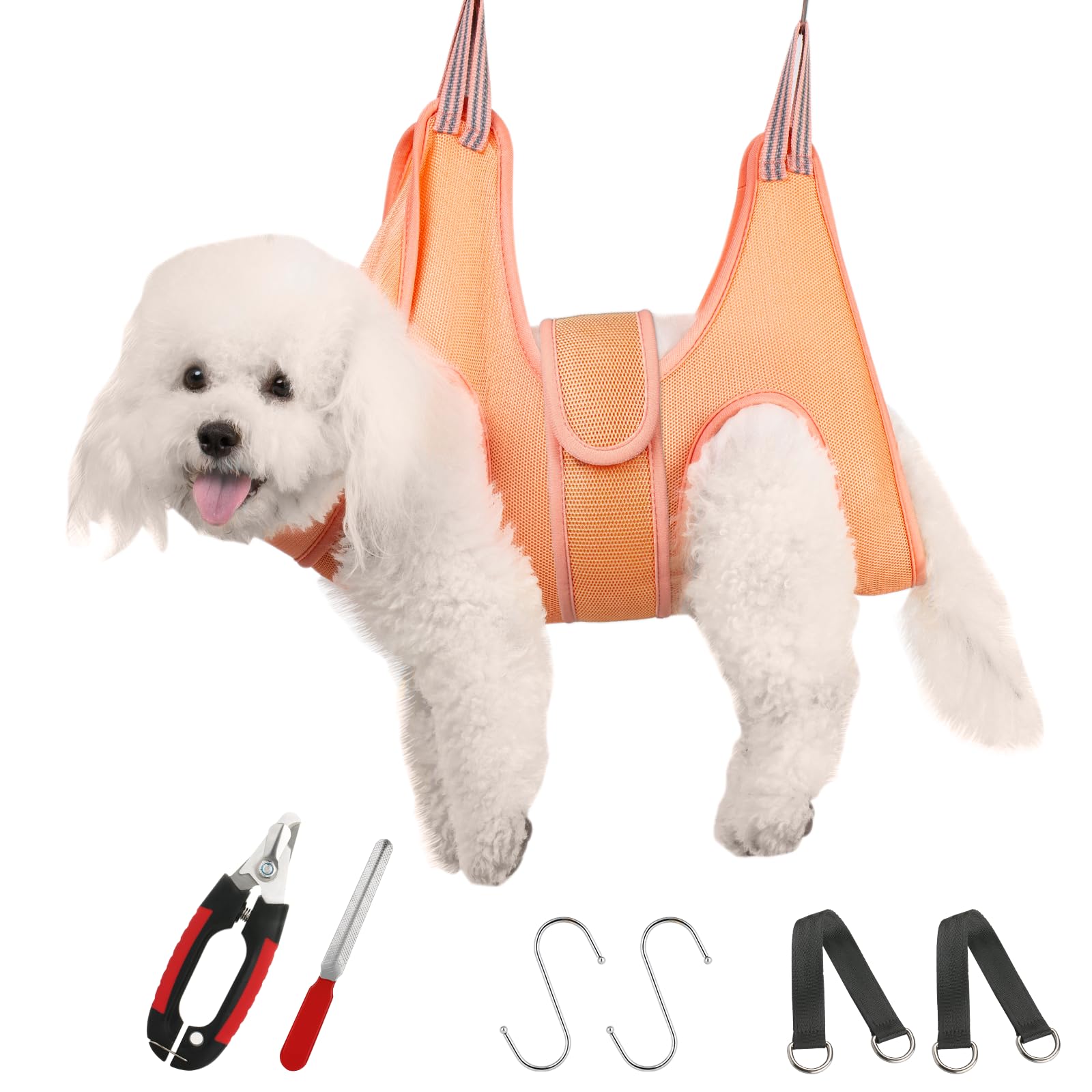 Guzekier dog grooming hammock harness setup for calm at-home nail trimming.