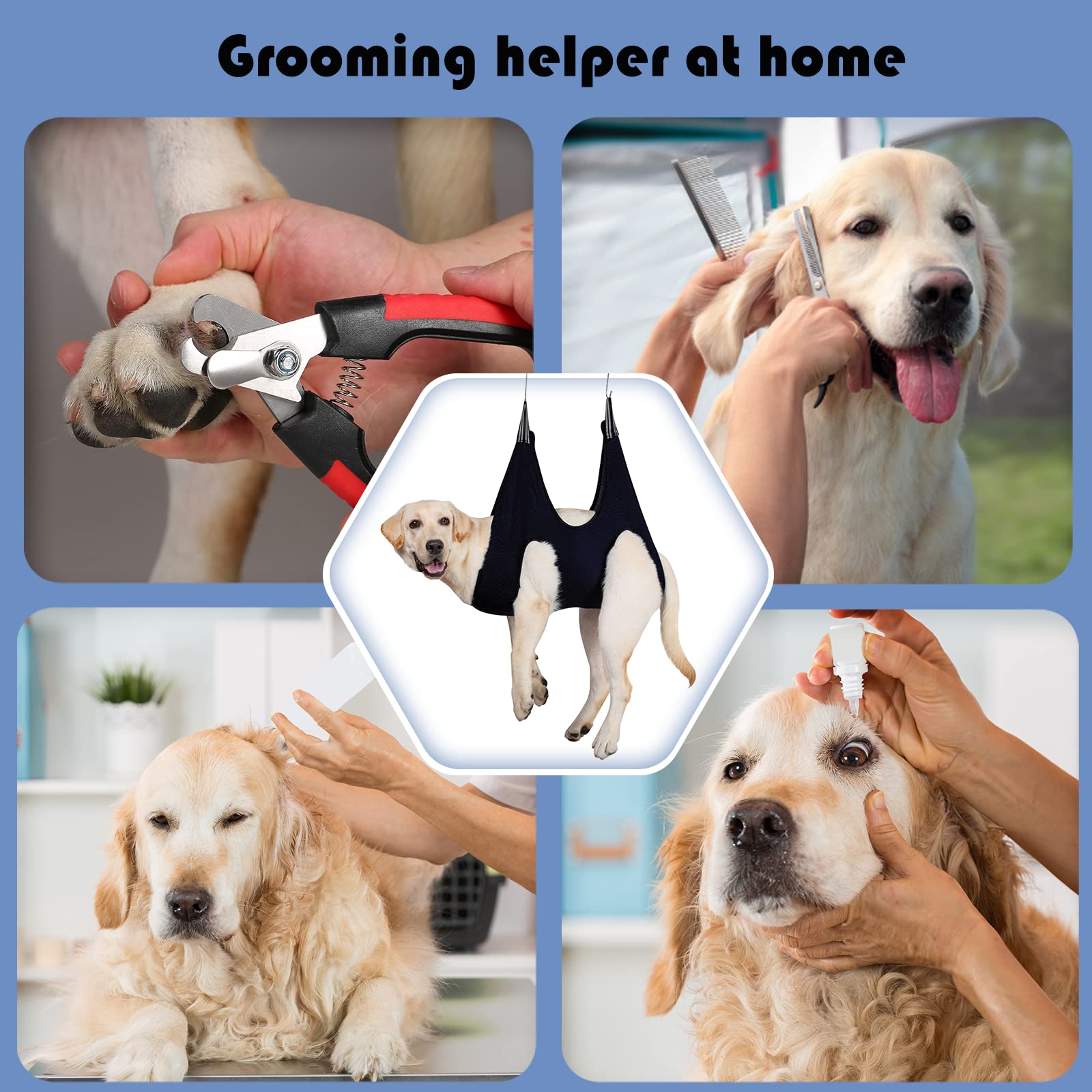 Guzekier dog grooming hammock large-dog use demonstrates restraint for extended grooming and care.