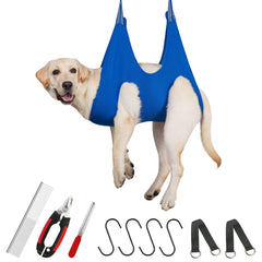 Guzekier dog grooming hammock setup showing secure restraint during grooming