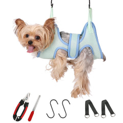 Guzekier pet grooming hammock harness overview demonstrates calm, controlled at-home grooming