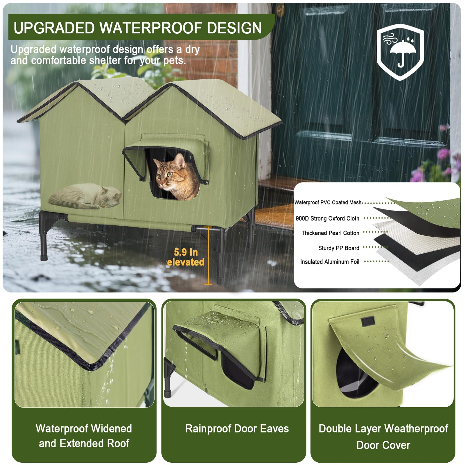 GUZROK weatherproof 900D Oxford exterior withstands rain and cold for feral cats.