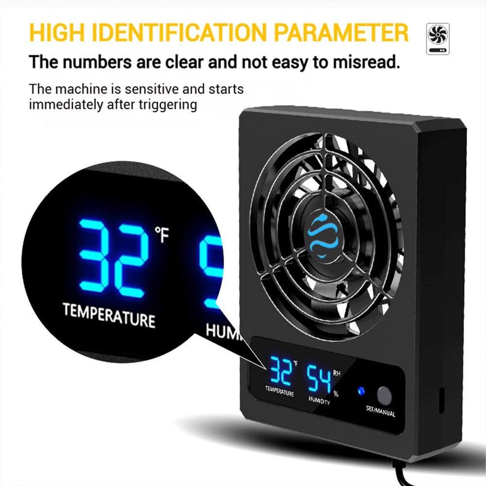 GxiaoAn reptile fan back view highlights the dual LED display for real-time monitoring.