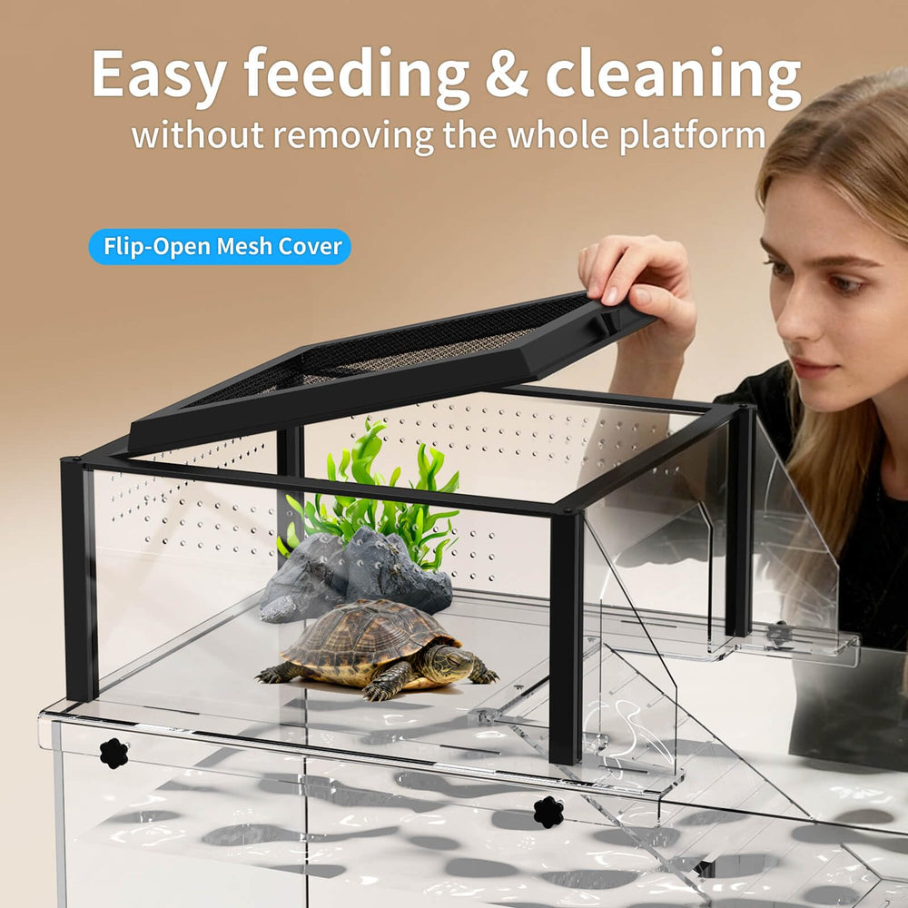 GYACS turtle platform lid-open demonstrates direct heat lamp setup for consistent basking