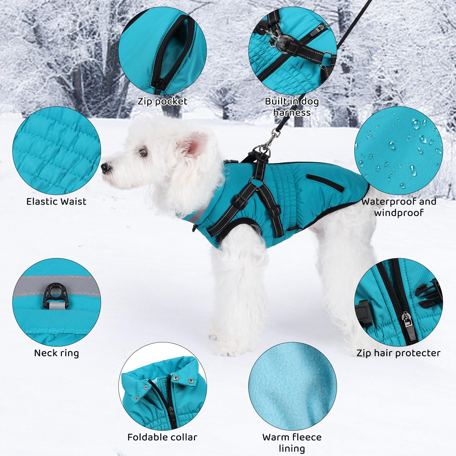 Gyuzh dog coat with harness back view highlighting harness and function