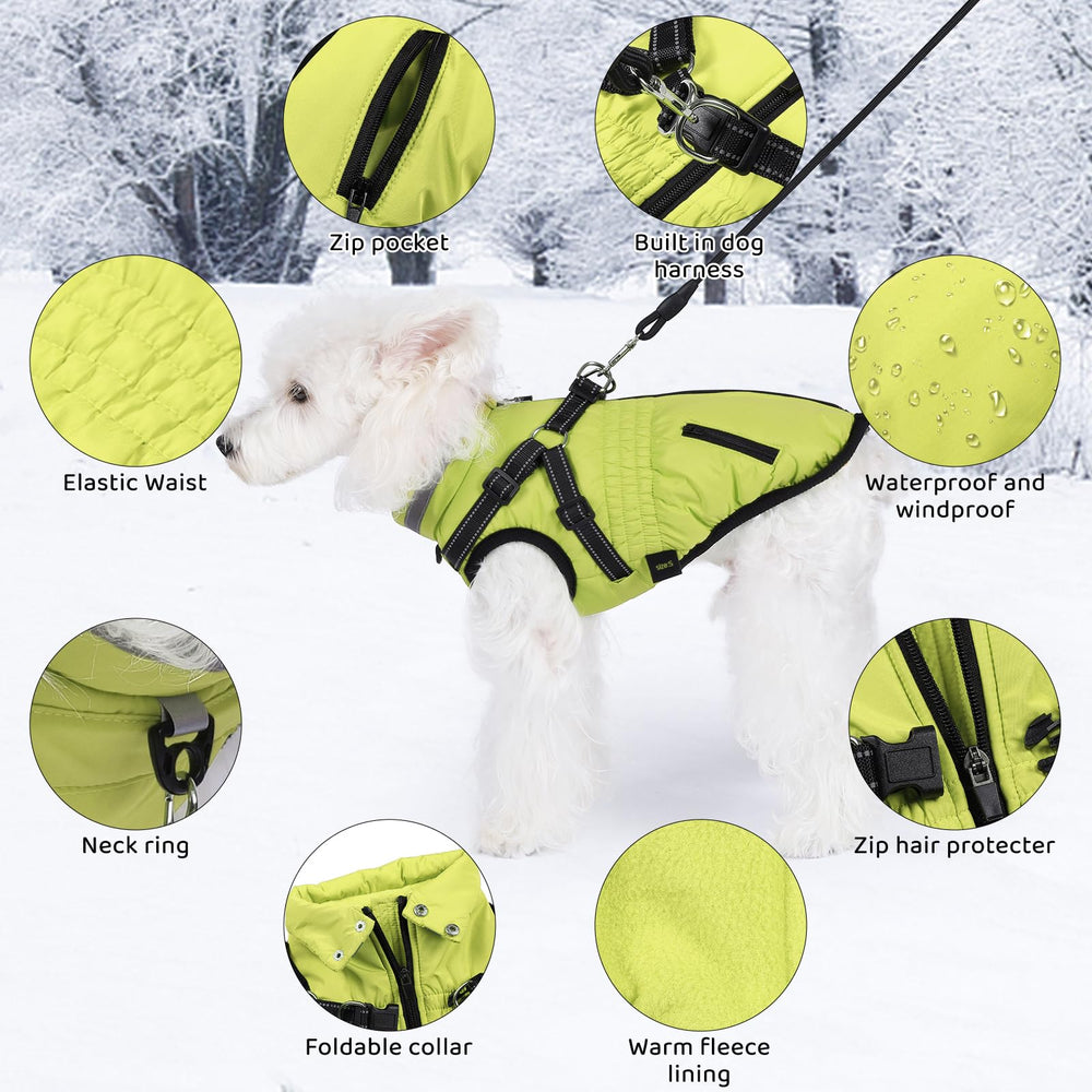 Gyuzh dog coat with built-in harness simplifies on/off during outdoor adventures.