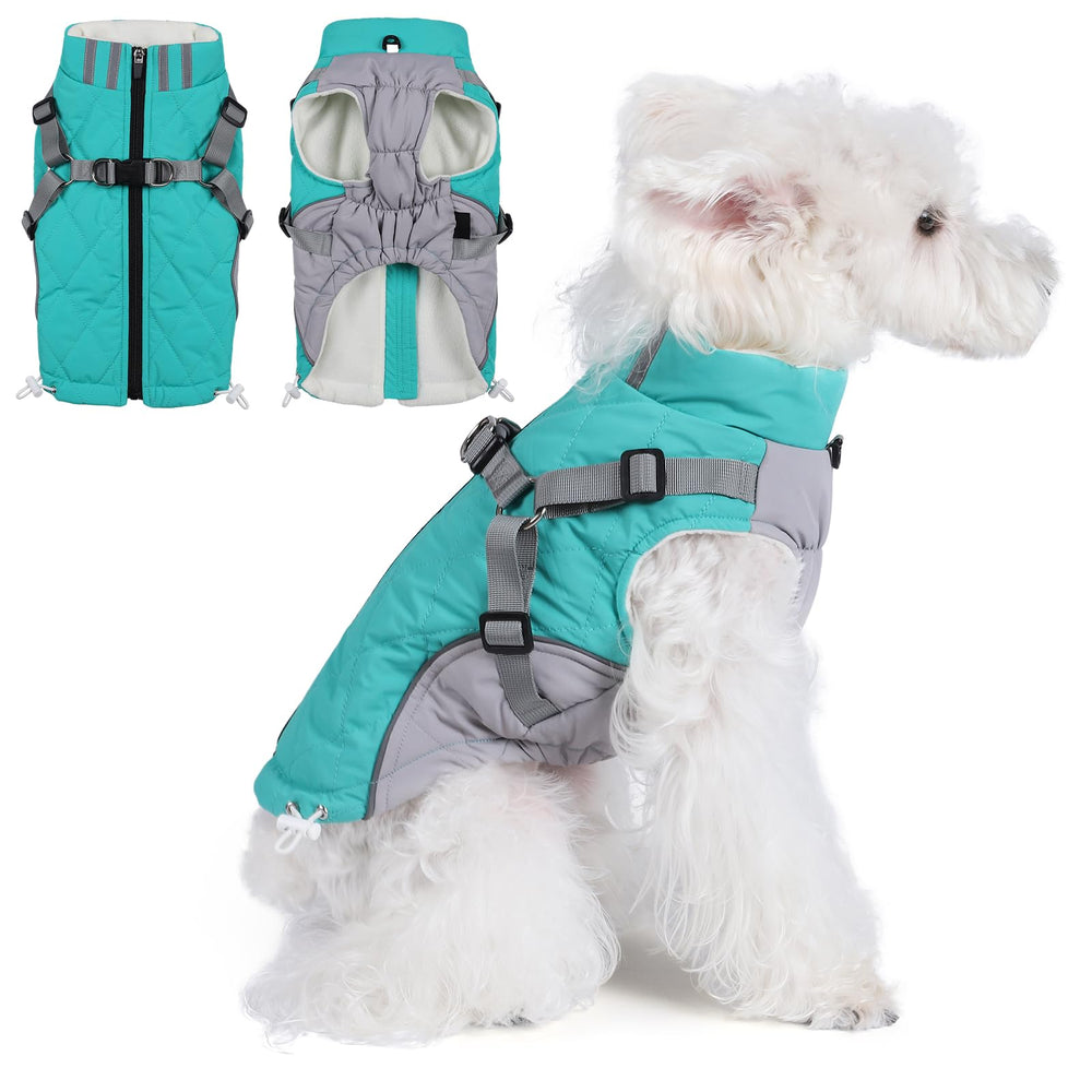 Gyuzh dog coat with harness built-in back view, easy on/off for snug winter walks.