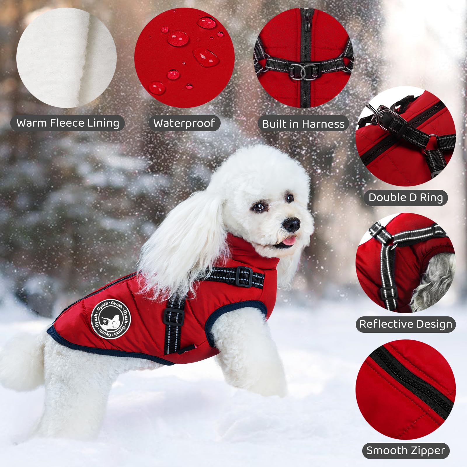 Gyuzh dog coat with harness warm fleece interior for cozy cold-weather outings.