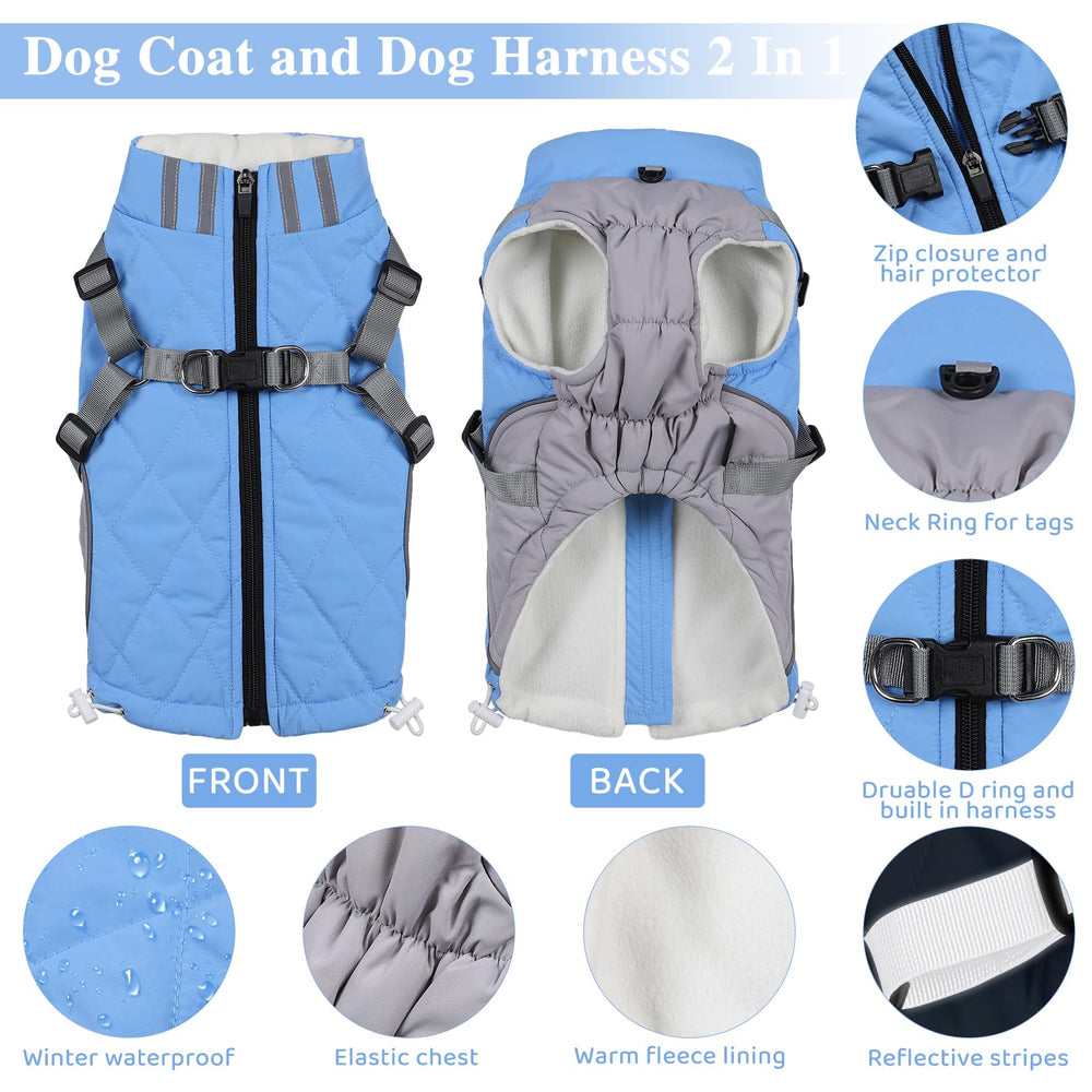 Gyuzh dog coat with harness adjustable straps ensure snug fit.