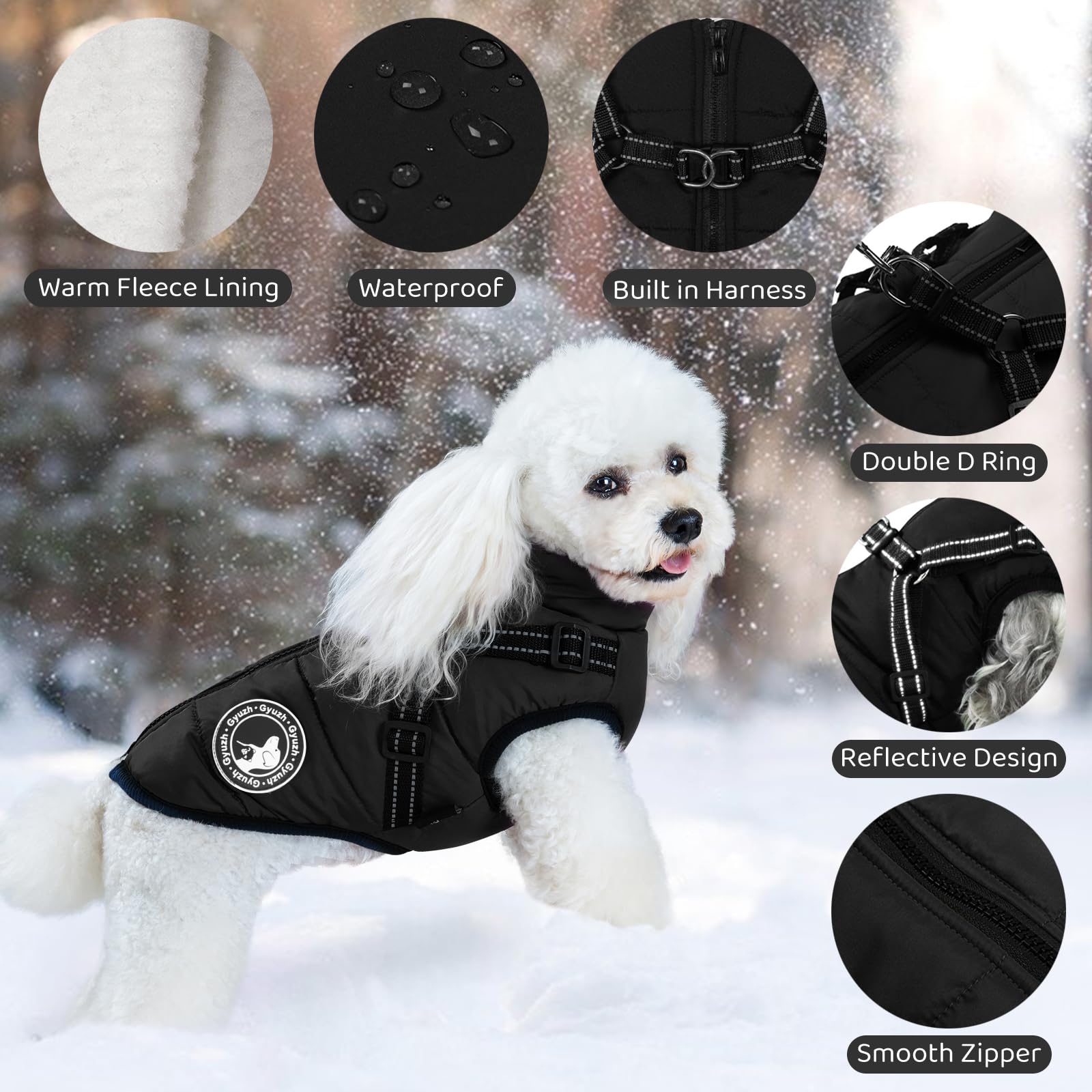 Gyuzh dog coat with harness back view highlights adjustable harness and secure silhouette.