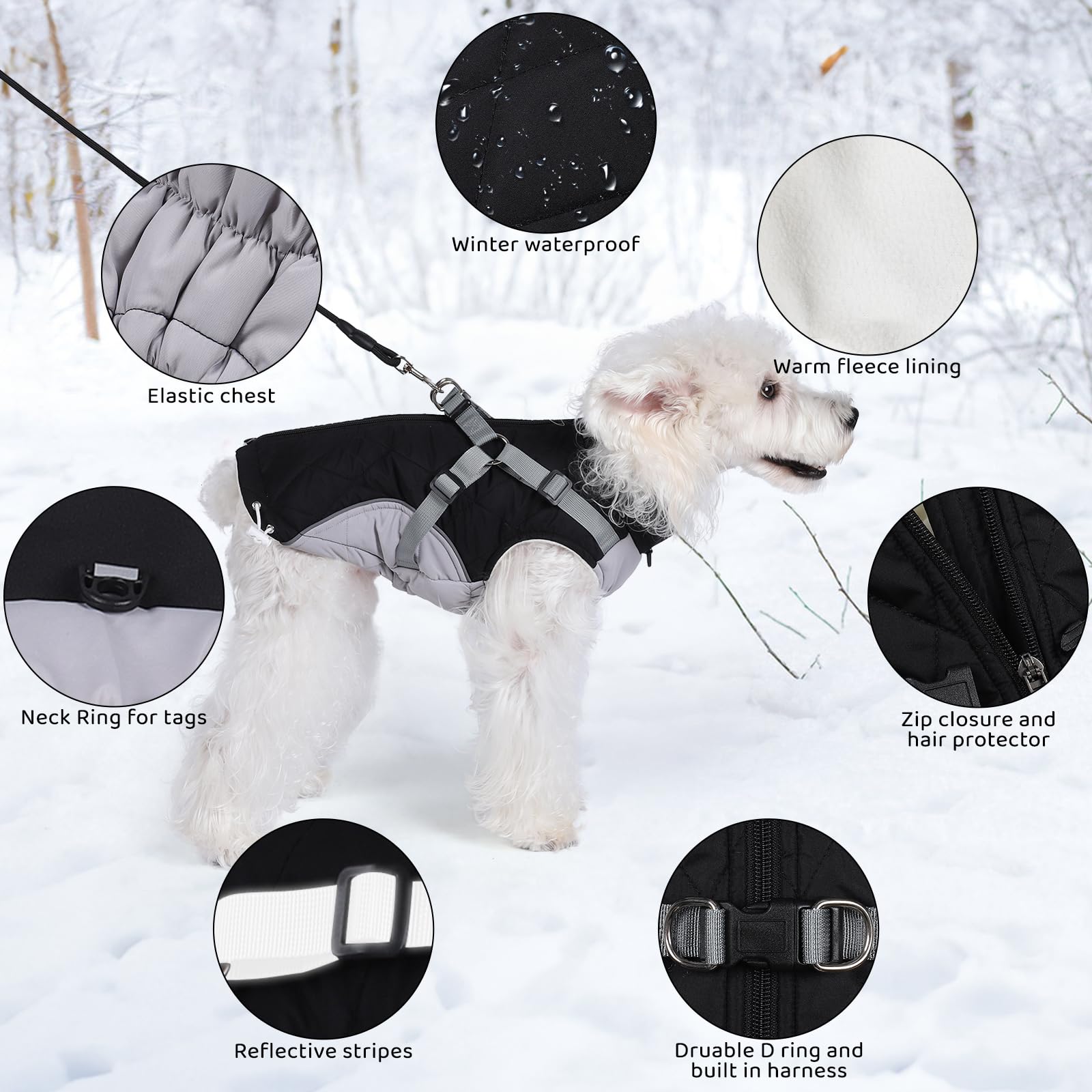 Gyuzh dog coat with harness back view showing easy zip-on design for quick dressing