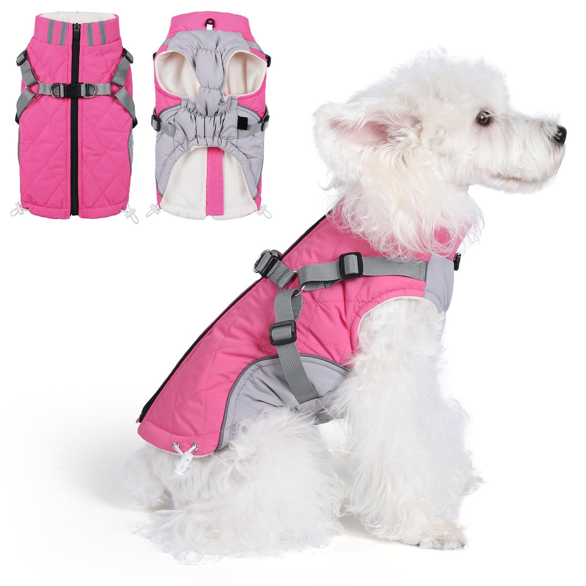 Gyuzh dog coat with harness back view demonstrates built-in 2-in-1 design for secure outdoors.