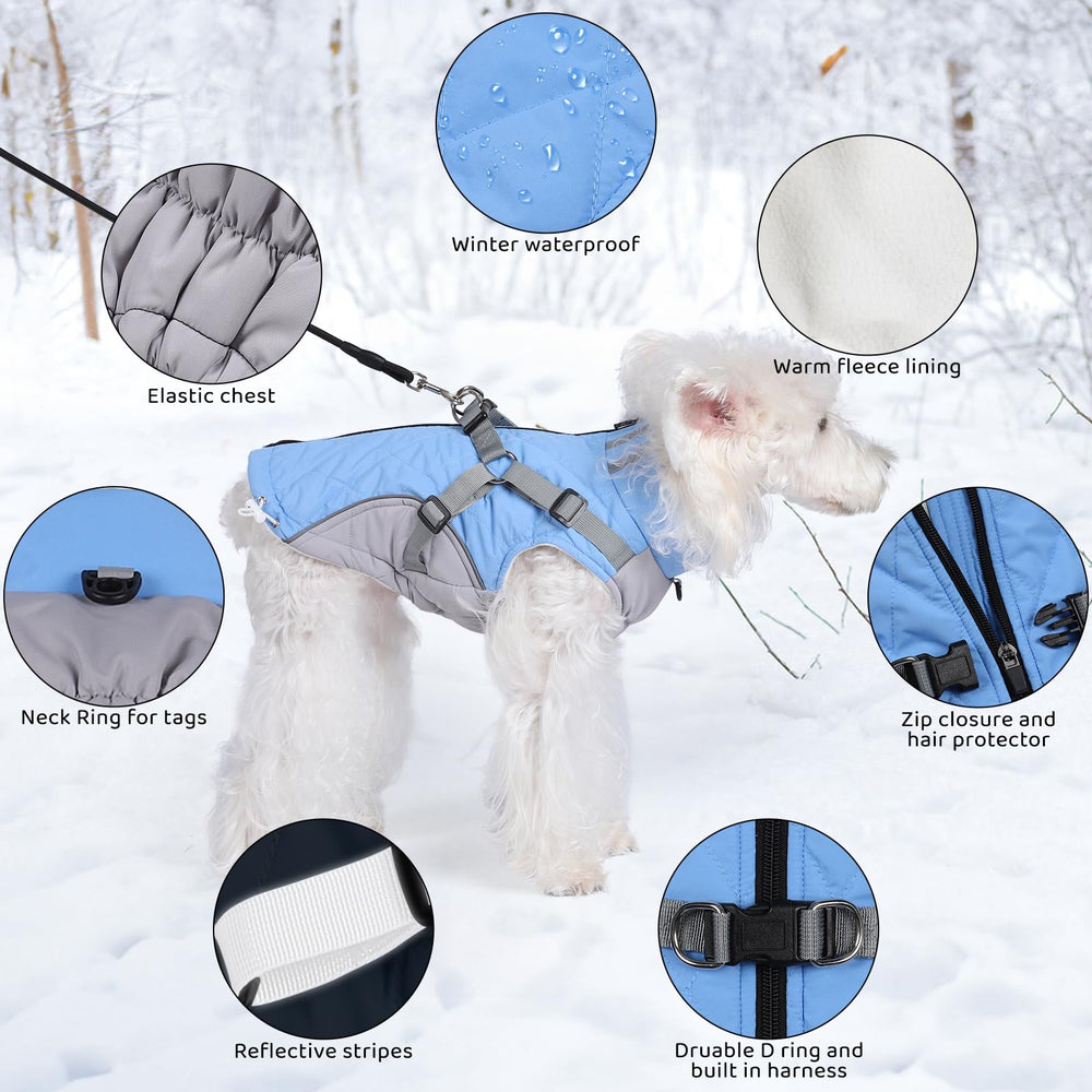 Gyuzh dog coat with harness padded interior keeps warmth during cold walks.