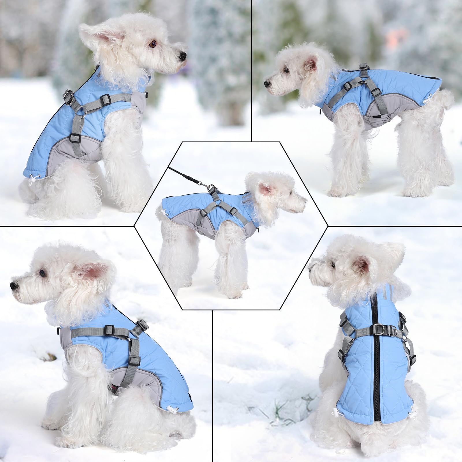 Gyuzh dog coat with harness reflective strip boosts visibility at night.