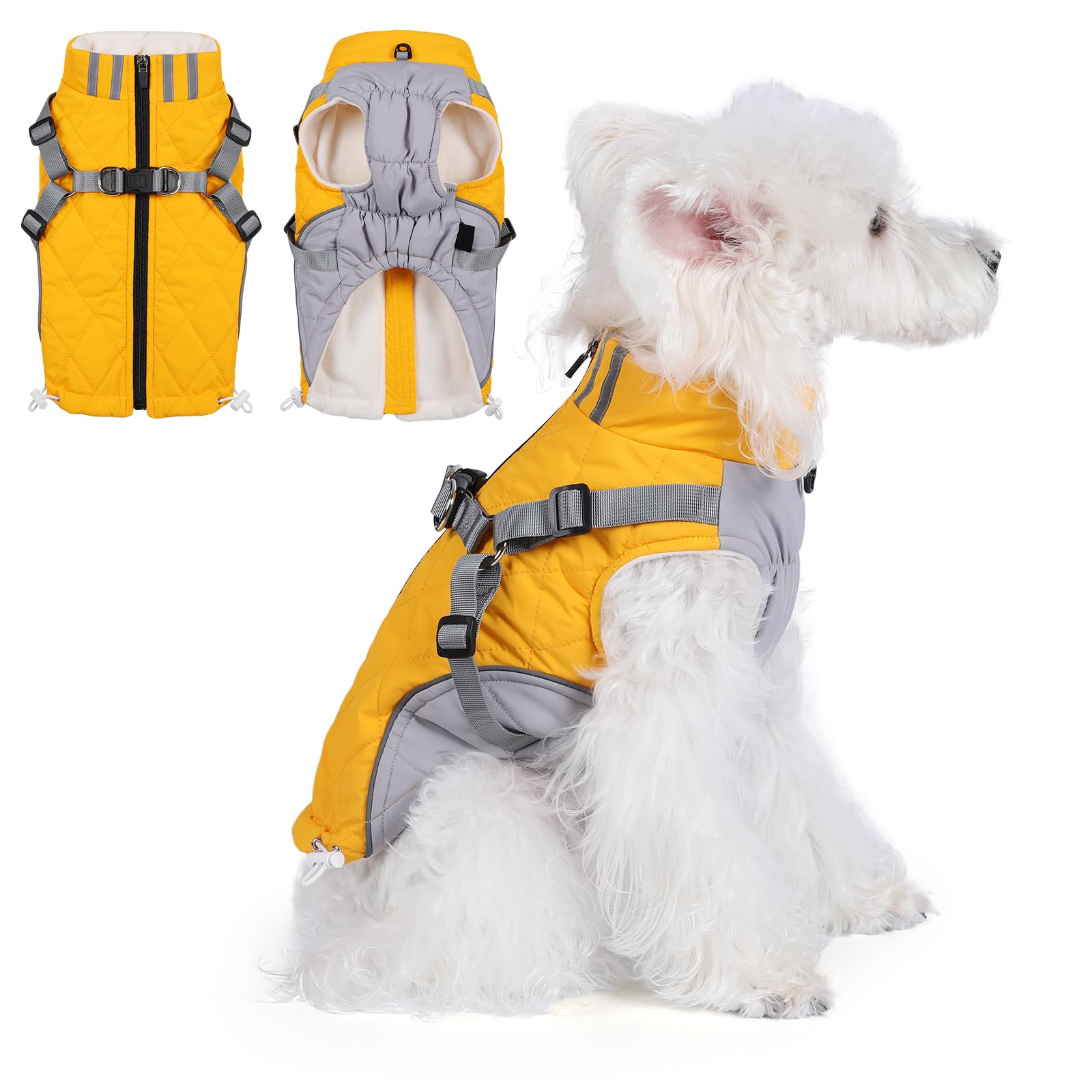 Gyuzh dog coat with harness front view showing built-in harness for secure walking.