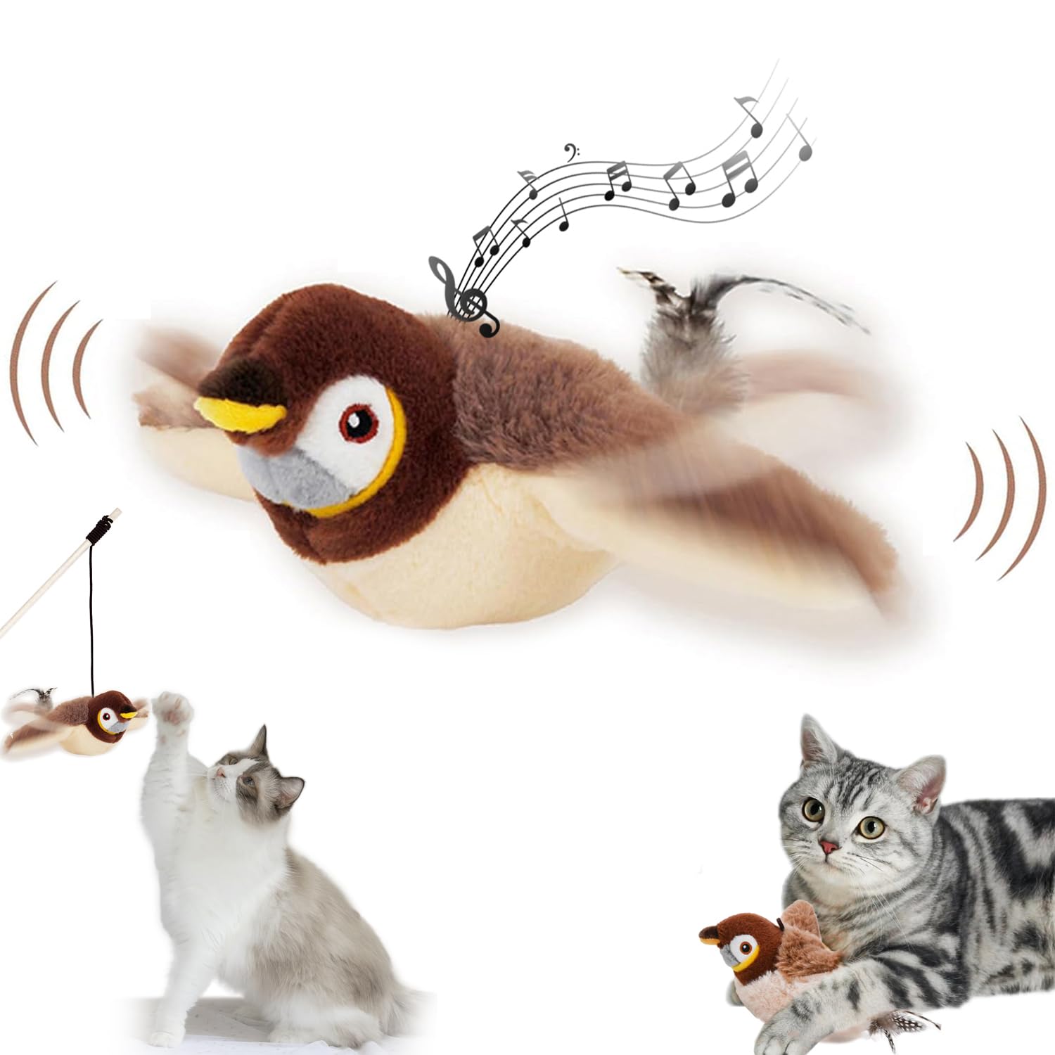 GYZOMKBIU Flying Bird Cat Toy face shows chirping realism for engaging indoor play.