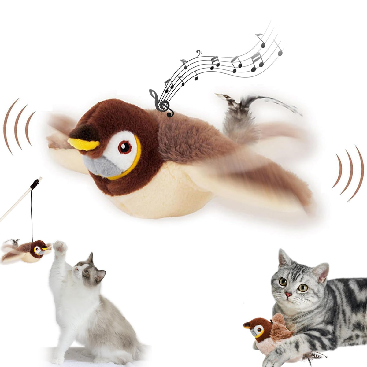 GYZOMKBIU Flying Bird Cat Toy face shows chirping realism for engaging indoor play.