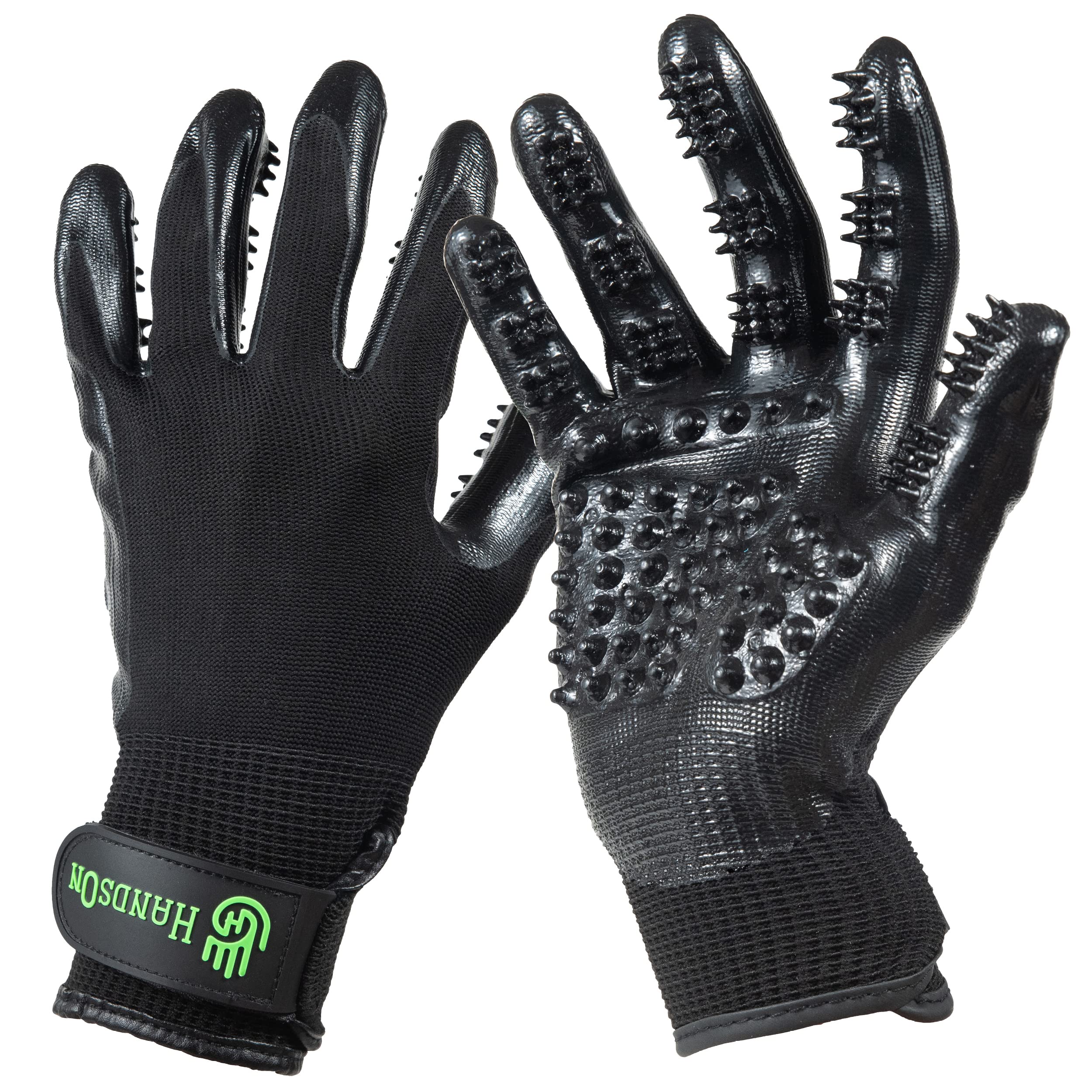 H HANDSON Pet Grooming Gloves closeup bristles for gentle grooming and hair removal.