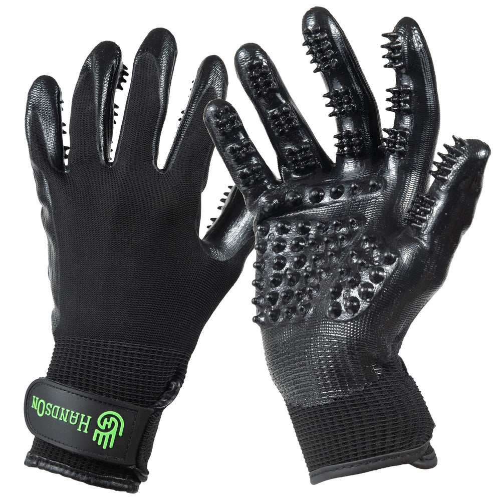 H HANDSON Pet Grooming Gloves closeup bristles for gentle grooming and hair removal.