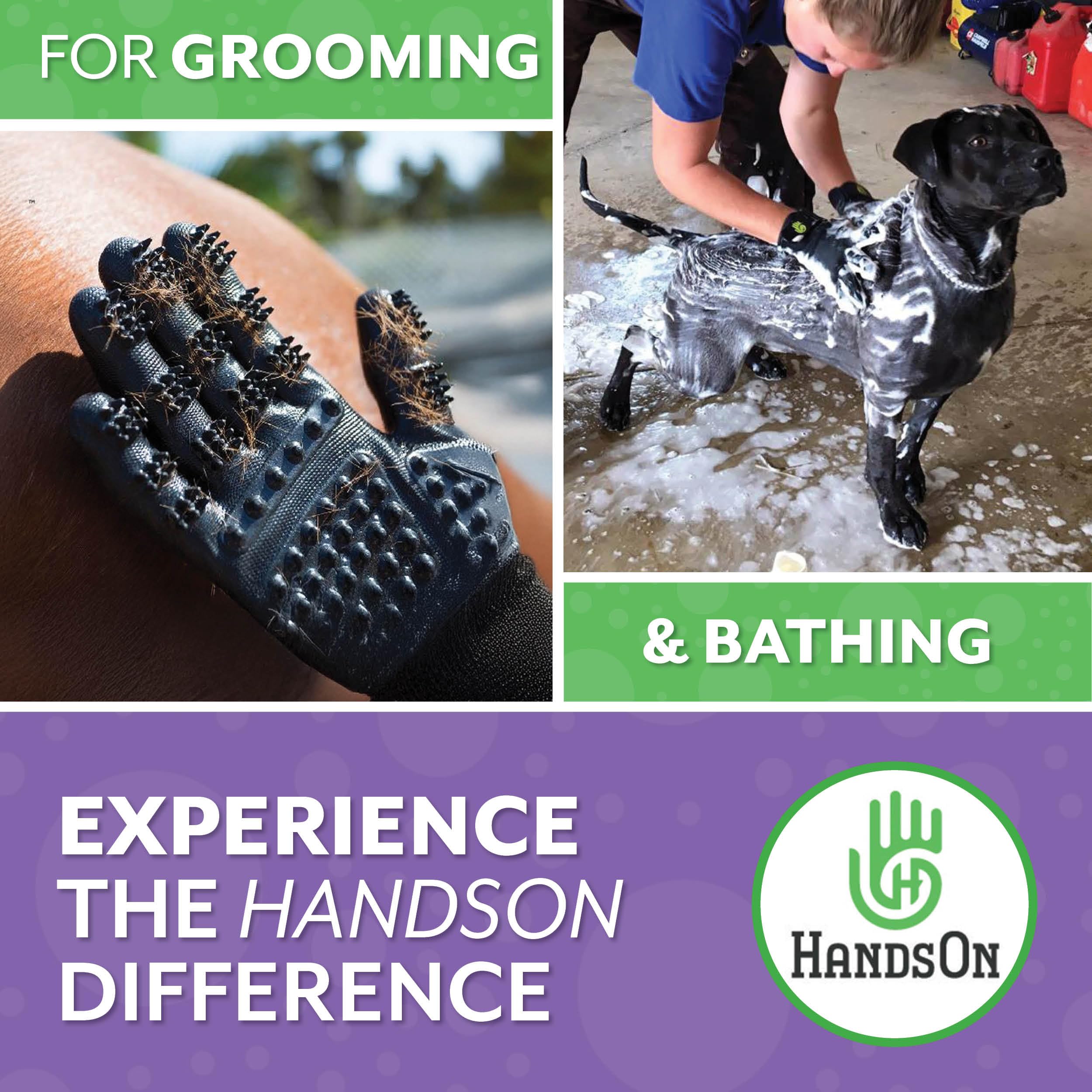 H HANDSON Pet Grooming Gloves being rinsed for easy cleaning after use.