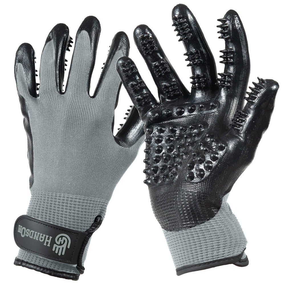 H HANDSON Pet Grooming Gloves grey for effective fur removal on pets.