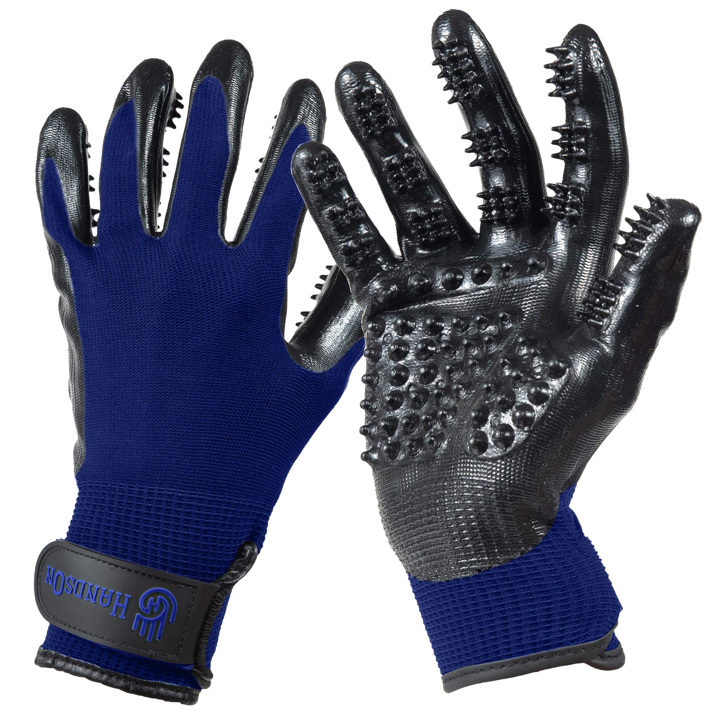 H HANDSON pet grooming gloves top view for comfortable brushing and calming pet during bath.