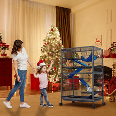 HABUTWAY 50''H metal small animal cage side view shows sturdy frame for daily play.