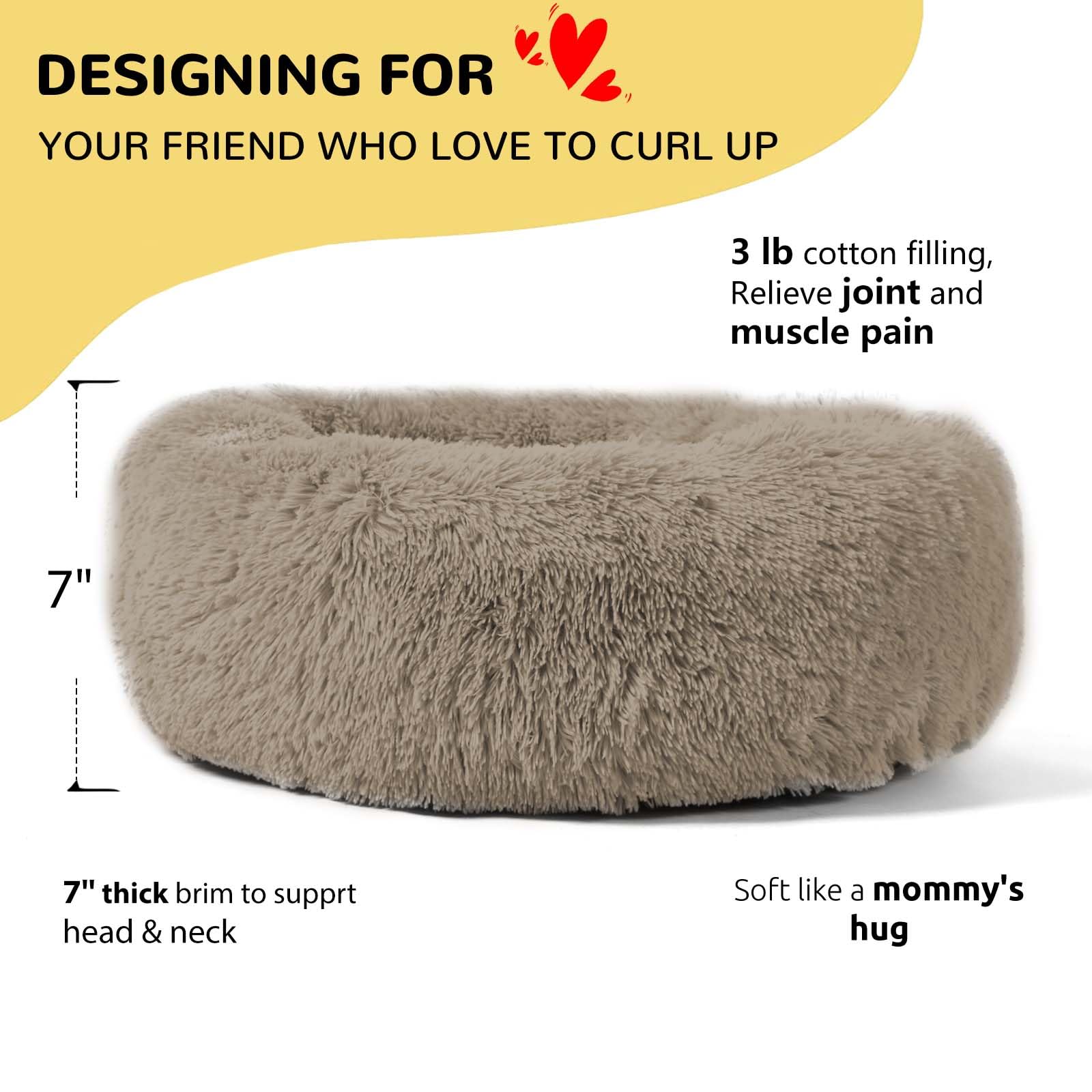 HACHIKITTY calming donut bed round bolster closeup showing head and neck support.