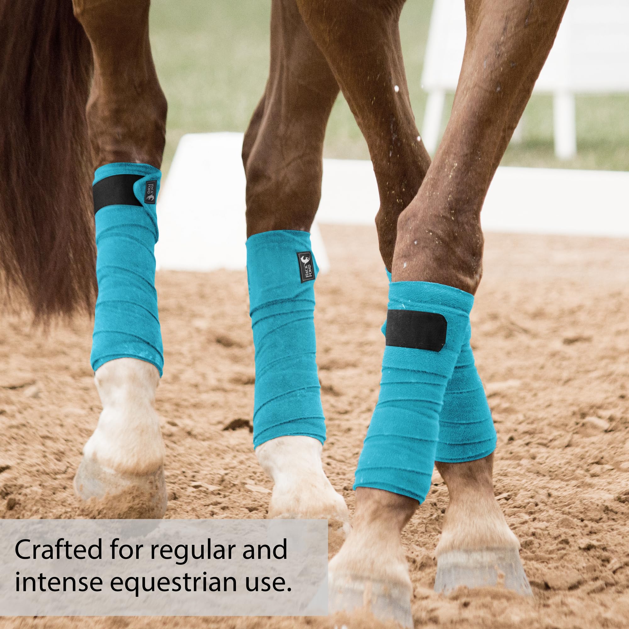 HackFond vivid cerulean polo wraps on a horse leg, easy visibility during practice