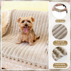 Hahafelt blanket on sofa with pet promotes clean furniture and cuddle comfort.