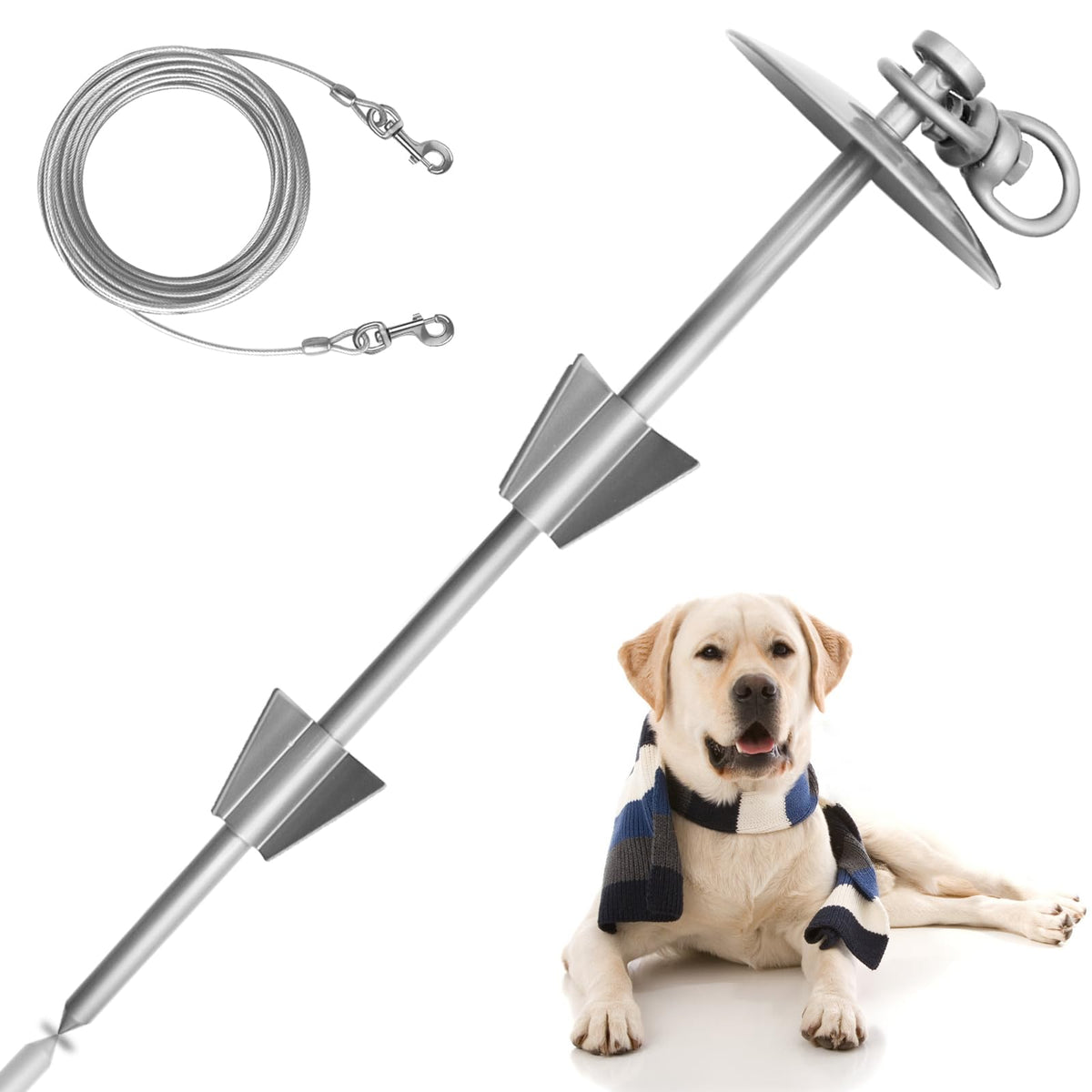 HaiYUAN heavy duty dog tie out stake with 360° swivel top for tangle-free roam.
