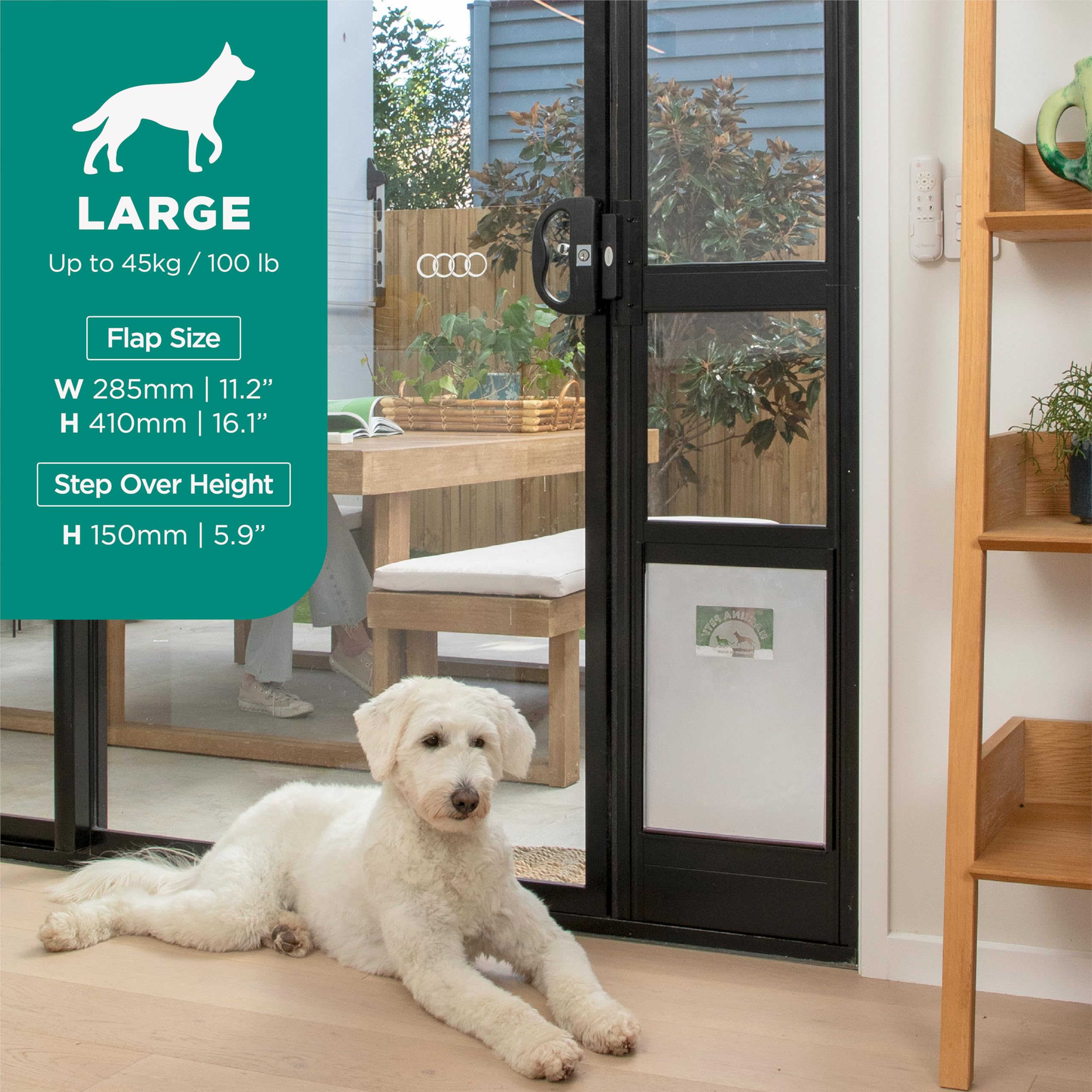 Hakuna Pets patio door flap 11.2 by 16.1 inches for large dogs.
