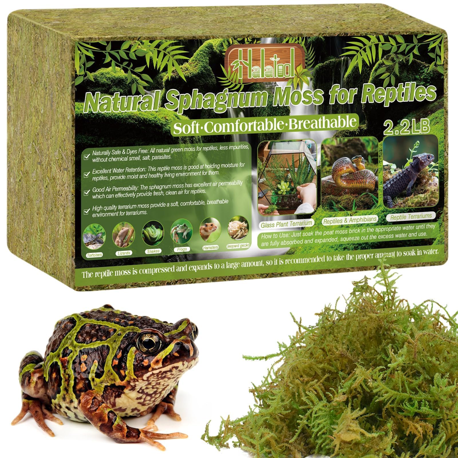 Halatool sphagnum moss brick before soak for compact storage in reptile habitats