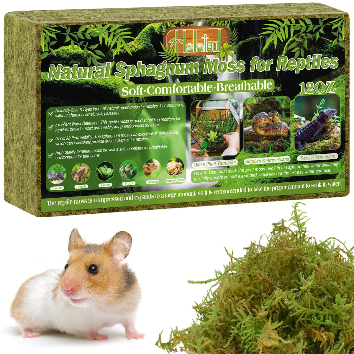 Halatool sphagnum moss reptile bedding 12oz offers soft, moisture-rich habitat.