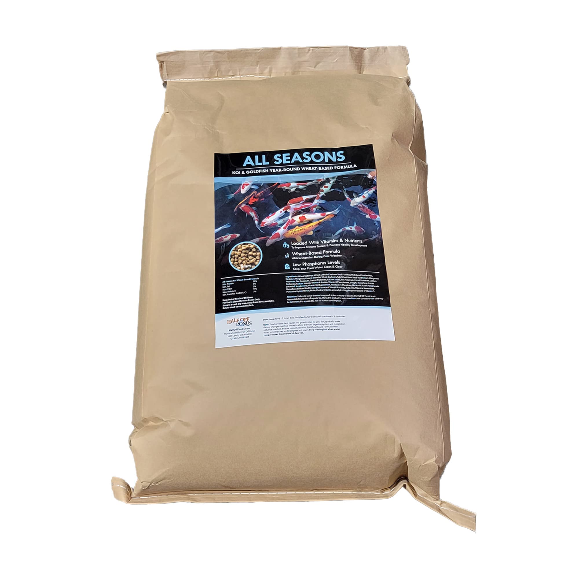 HALF OFF PONDS All Seasons koi food bag closeup showing balanced nutrition for year-round feeding
