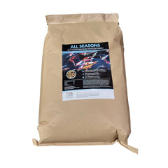 HALF OFF PONDS All Seasons koi food bag closeup showing balanced nutrition for year-round feeding