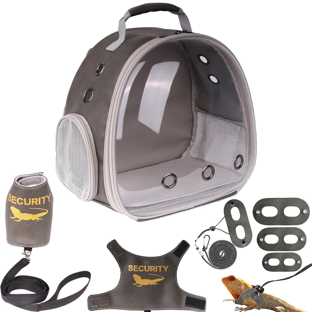 Halinfer Bearded Dragon Carrier Backpack front view in grey PU leather for hands-free travel.