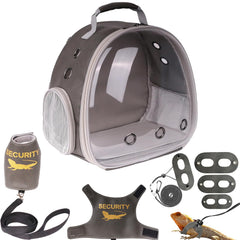 Halinfer Bearded Dragon Carrier Backpack front view in grey PU leather for hands-free travel.