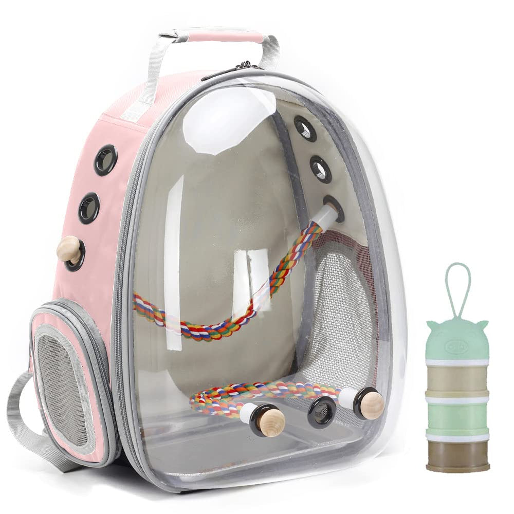 halinfer Bird Traval Carrier Backpack bubble view highlights a transparent cabin for calm bird travel.