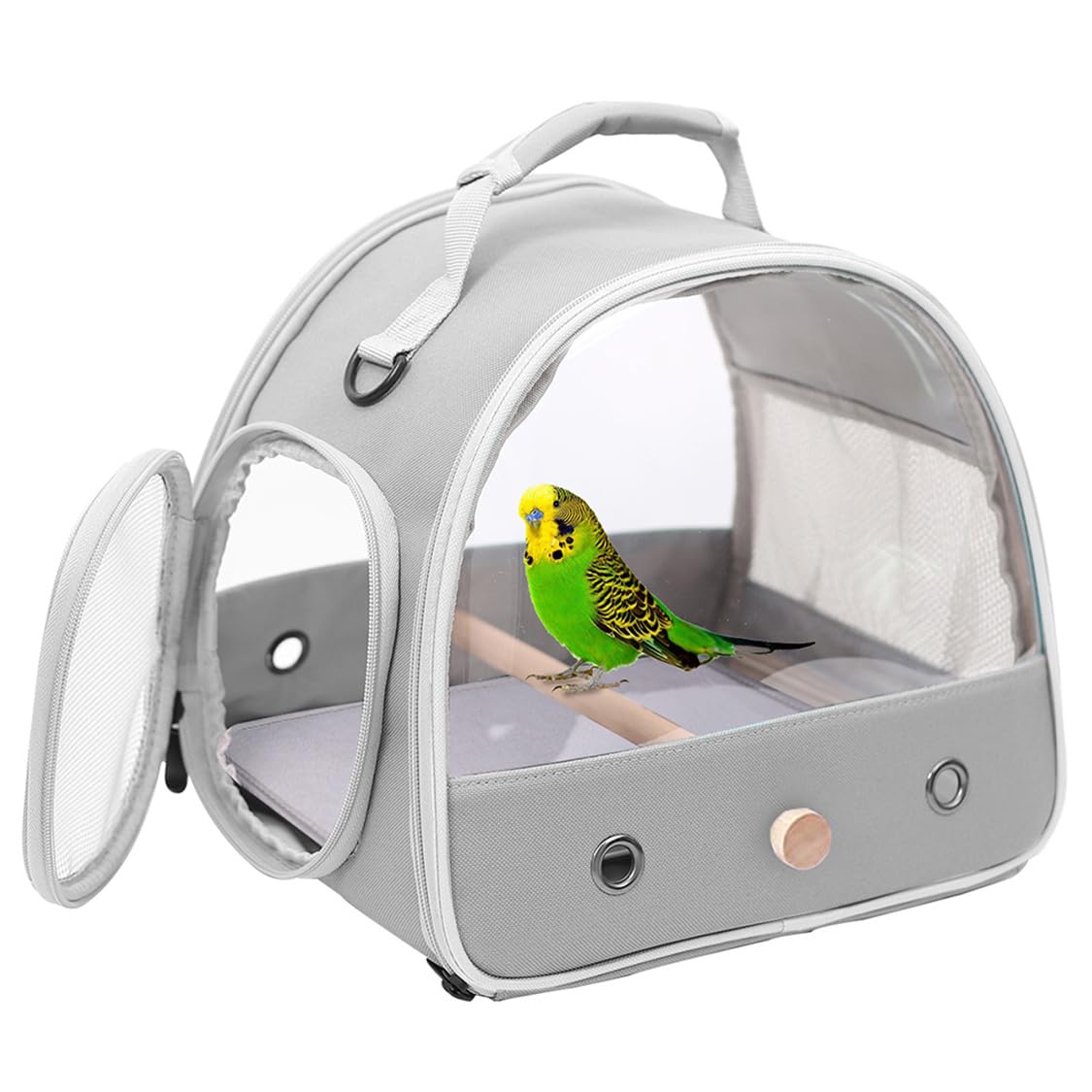 Halinfer Bird Travel Carrier side view with clear panels for easy monitoring