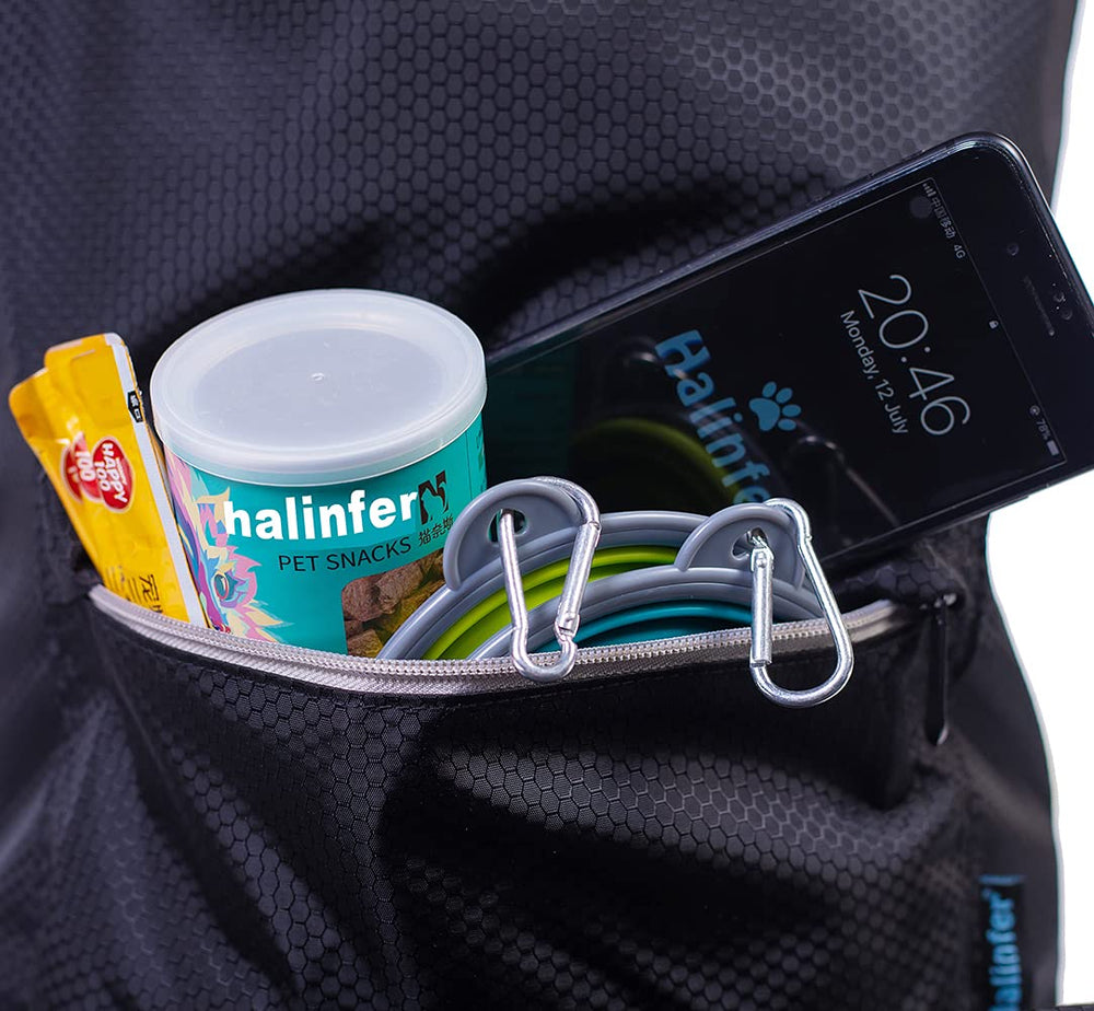 Halinfer dog food travel bag roll-top design seals contents during outdoor use.