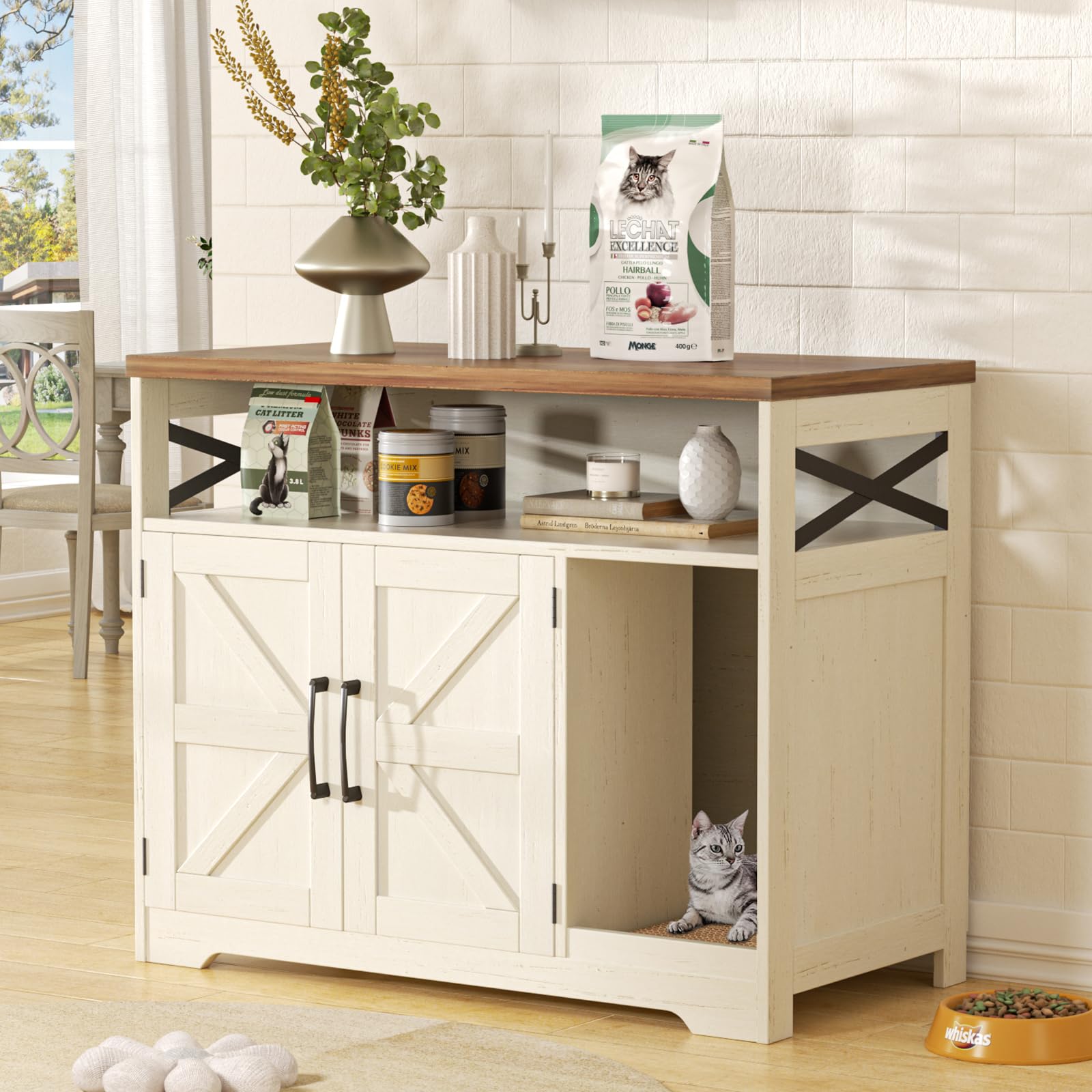 Halitaa cat litter box enclosure front view shows hidden litter storage with odor containment.