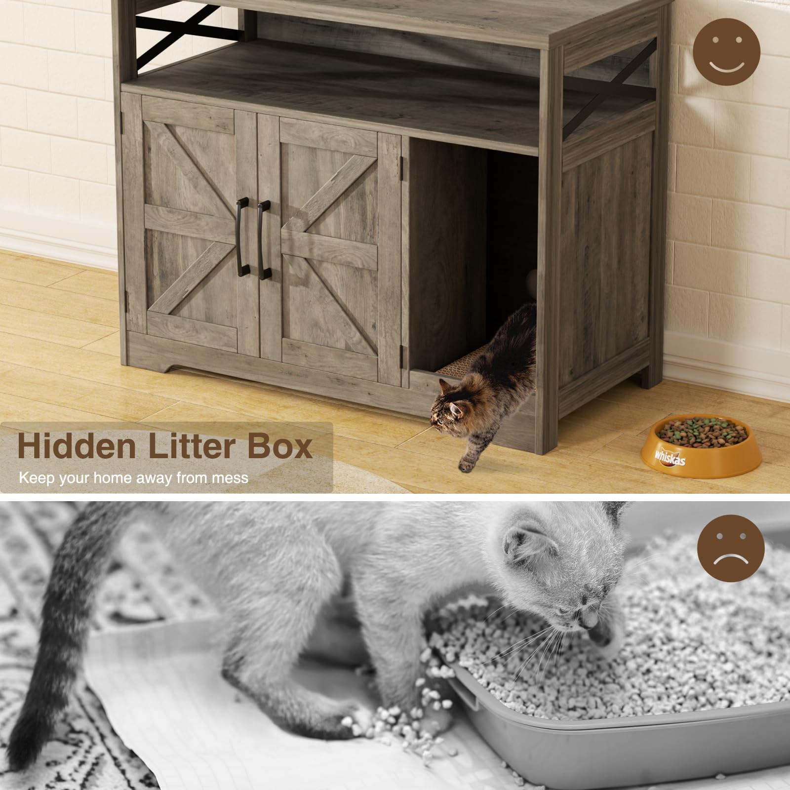 Halitaa cat litter box enclosure open storage highlighting shelves for toys and supplies.
