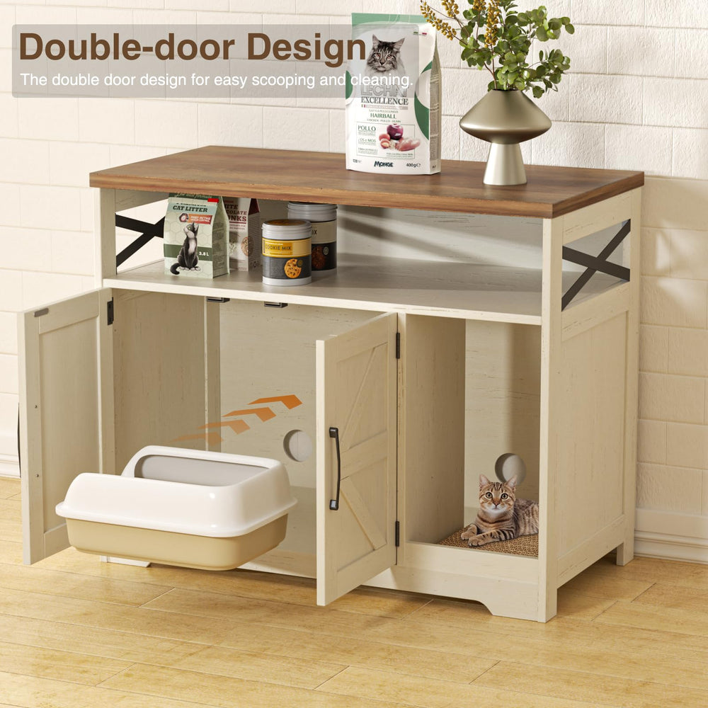 Halitaa cat litter box enclosure storage compartments offer space for toys and supplies.
