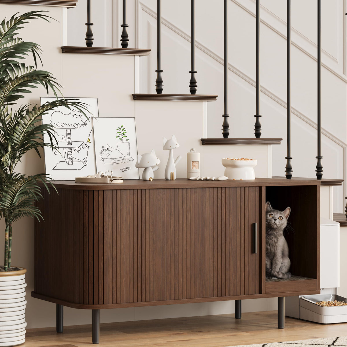 Halitaa cat litter enclosure front view in walnut shows sleek space-saving design