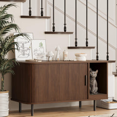 Halitaa cat litter enclosure front view in walnut shows sleek space-saving design