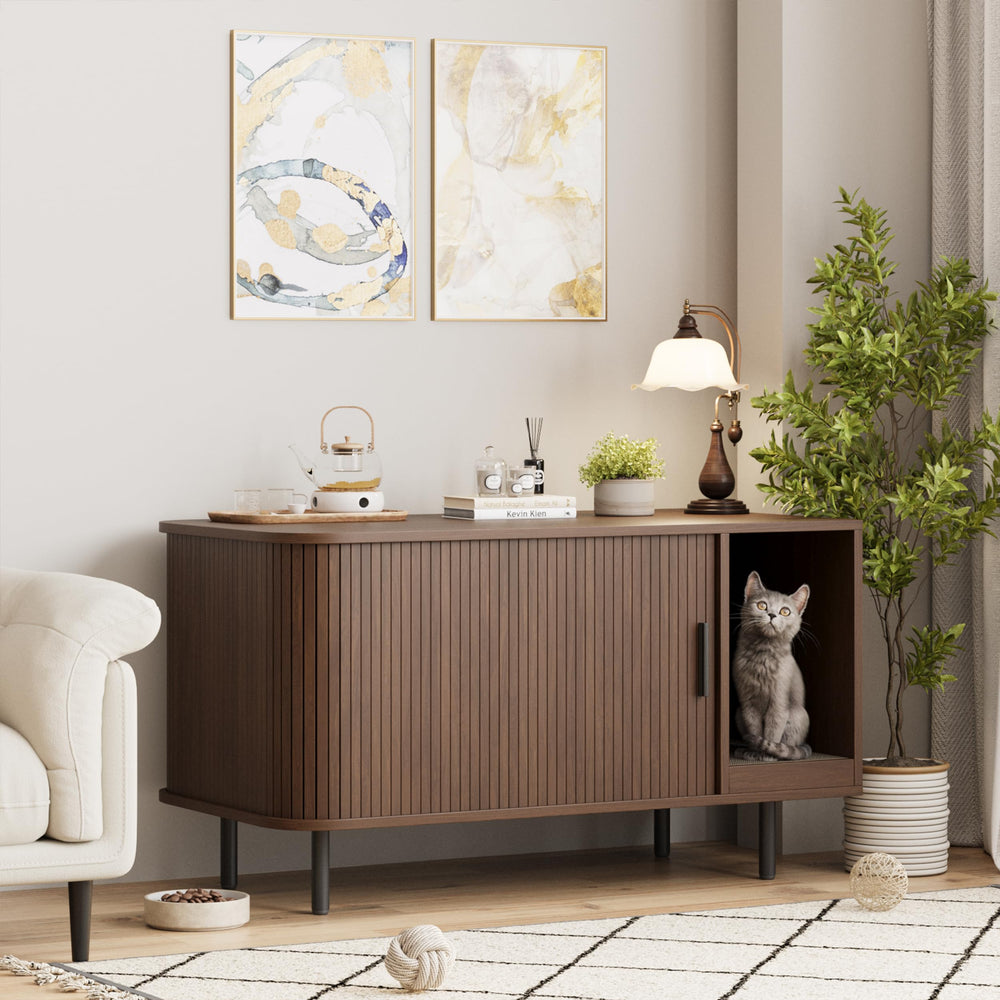 Halitaa cat litter enclosure living-room setup complements walnut decor