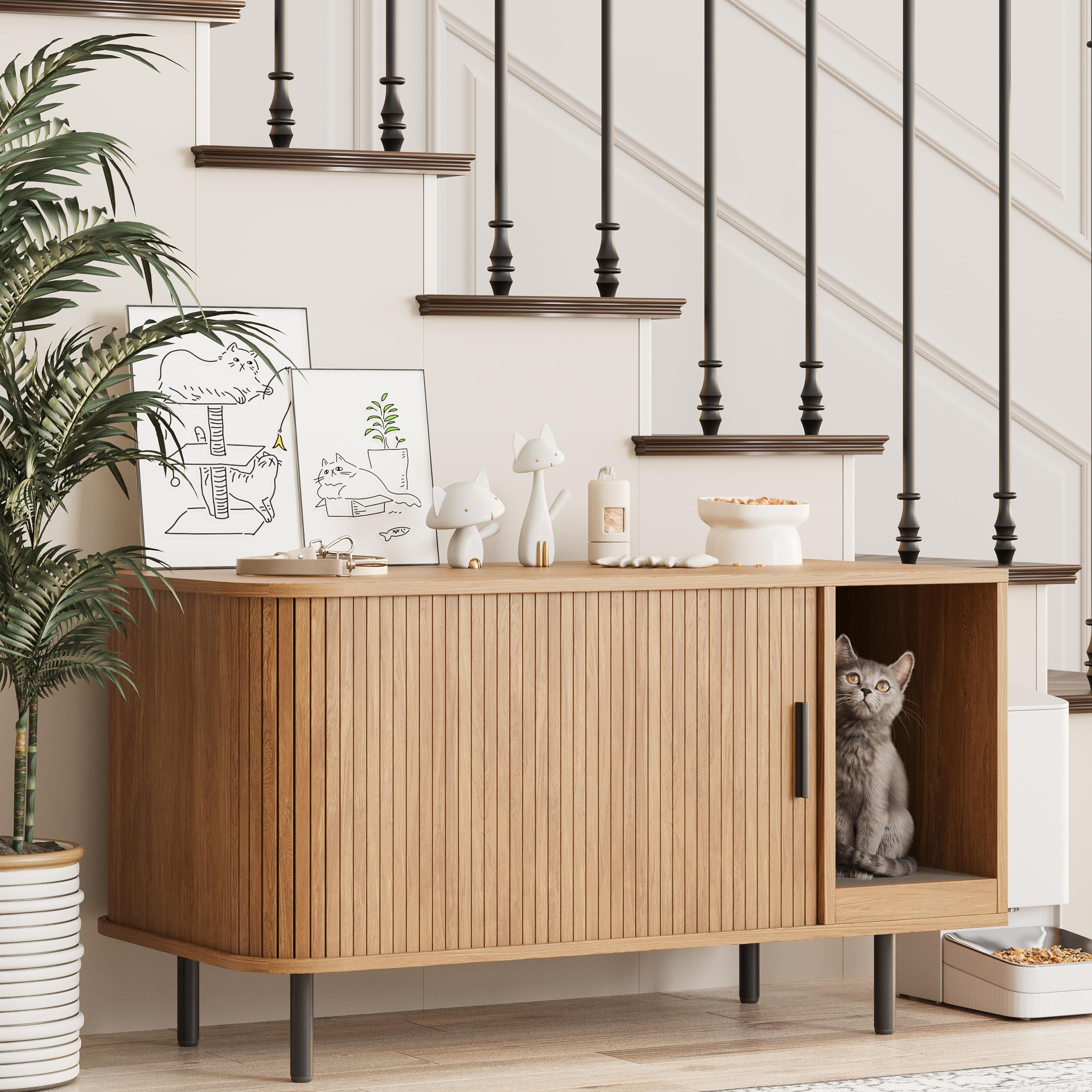 Halitaa hidden litter box enclosure with sliding door, modern design benefits and privacy