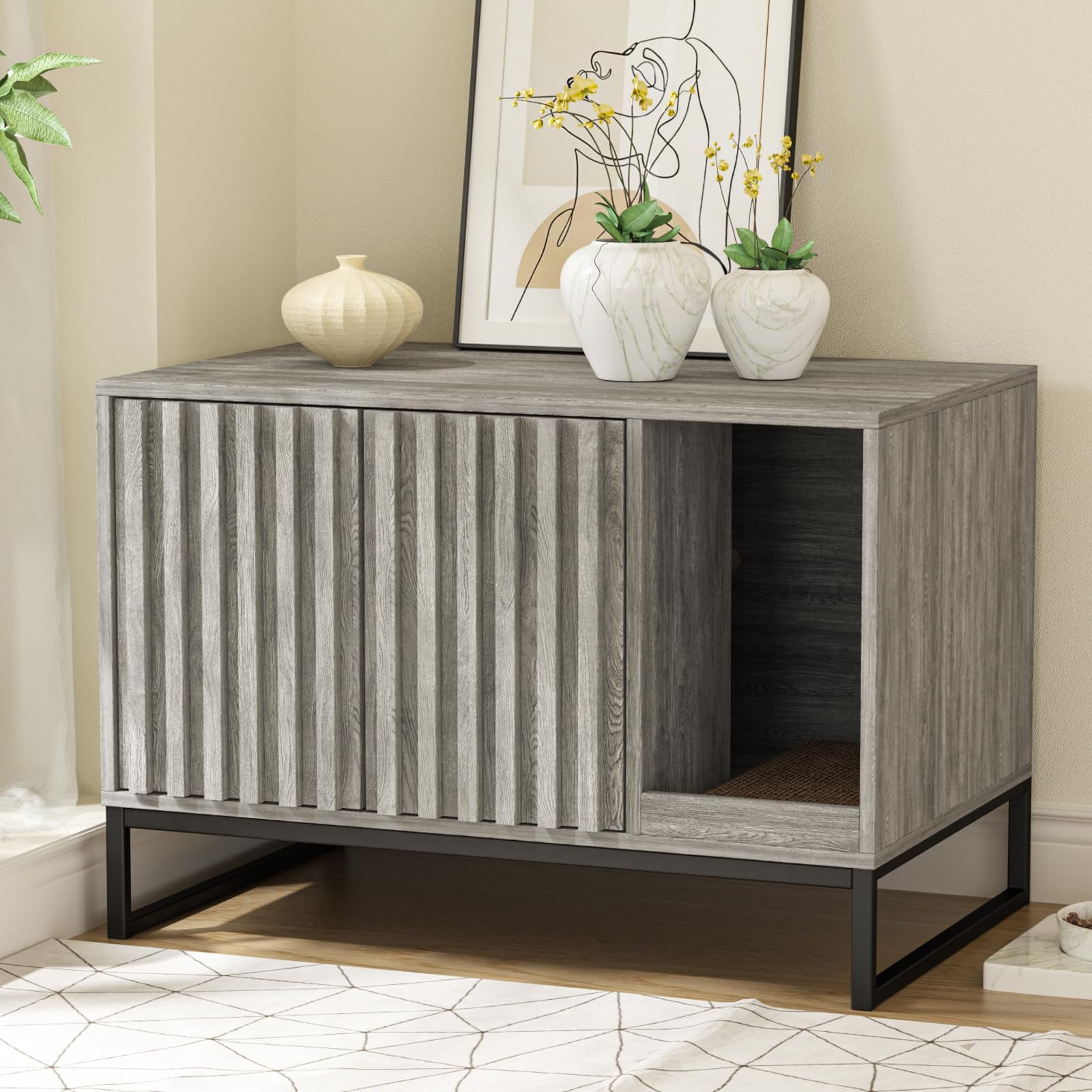 Halitaa litter box enclosure front view with wood-effect finish and privacy