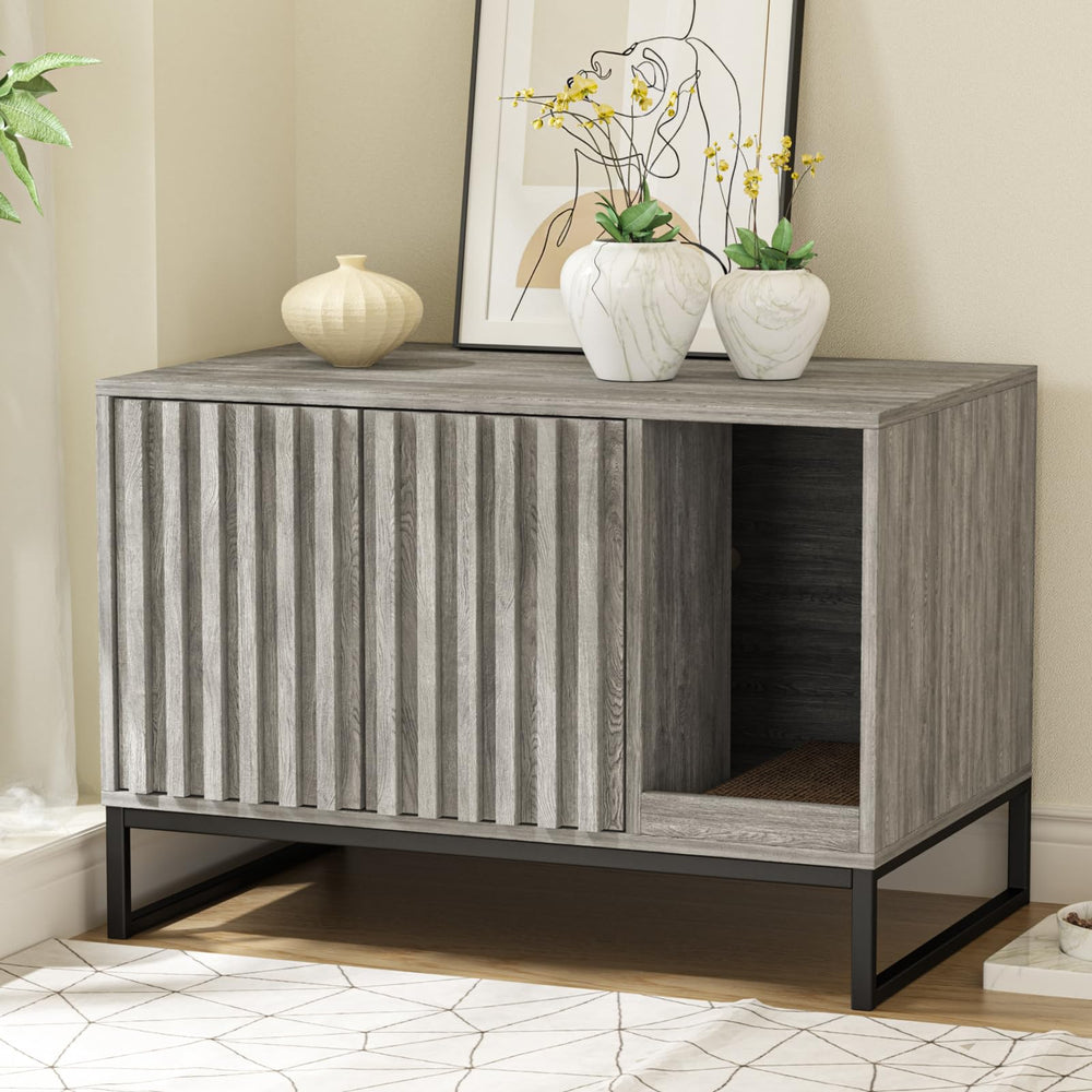 Halitaa litter box enclosure front view with wood-effect finish and privacy